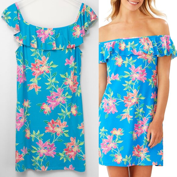 Tommy Bahama Dresses & Skirts - Tommy Bahama Sun Lillies Off The Shoulder Ruffle Dress Floral Blue Multi Large